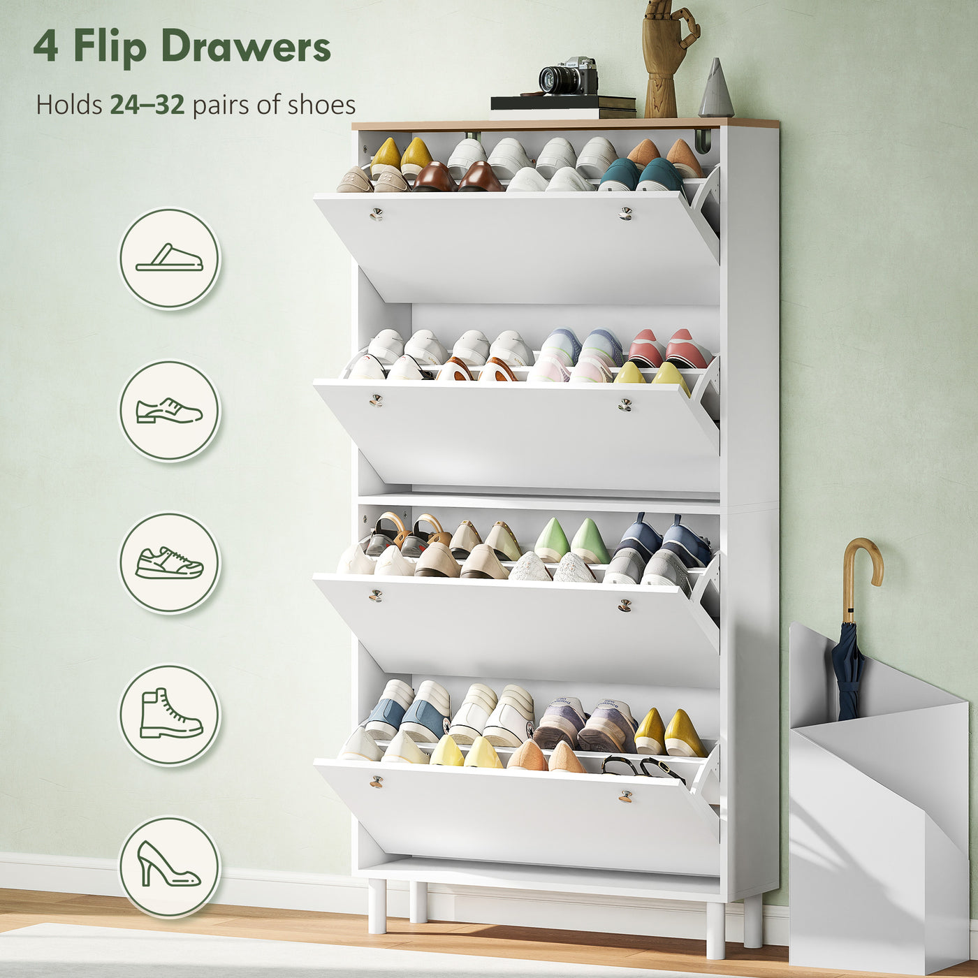 Narrow Shoe Cabinet with 4 Flip Drawers, Shoe Storage Cabinet with Adjustable Shelves, Holds 24–32 Pairs, White