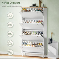 Narrow Shoe Cabinet with 4 Flip Drawers, Shoe Storage Cabinet with Adjustable Shelves, Holds 24–32 Pairs, White