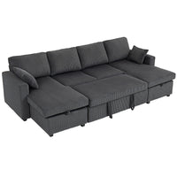 Convertible Sofa Bed, Corduroy U-Shaped Sleeper Sofa Couch with Storage Chaise, Pillows, Spring, Futon Couch, Grey