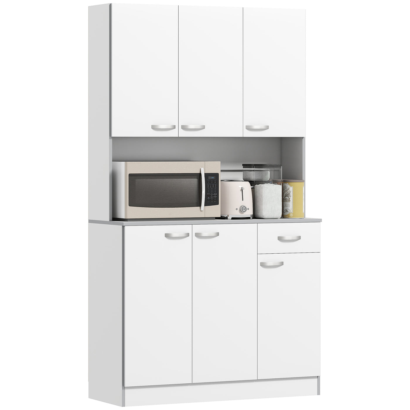 71" Modern Buffet with Hutch, Standing Kitchen Hutch with Storage Cabinets, Drawer, Open Space with Microwave Stand, White
