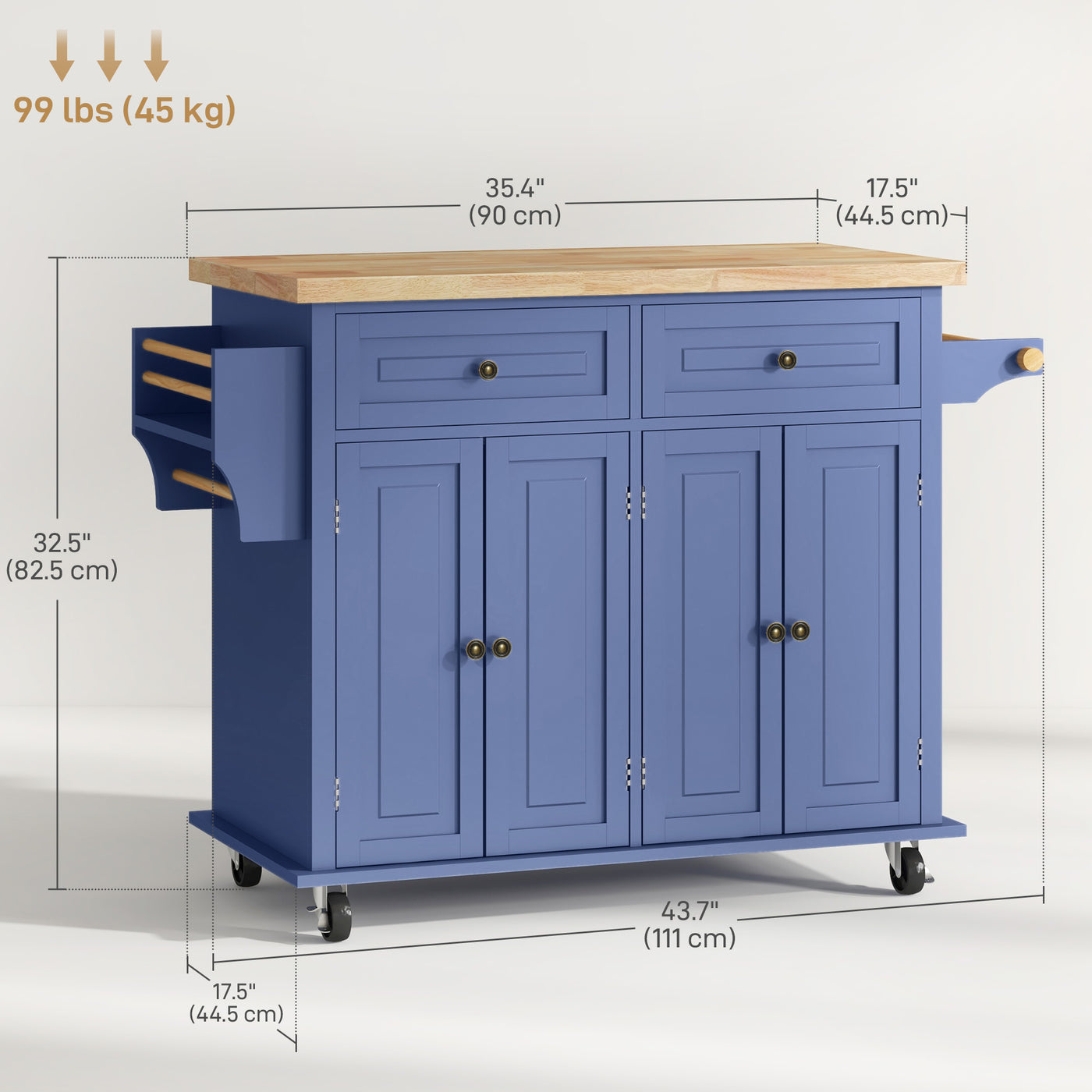 Kitchen Island with Storage, Rolling Trolley Cart with Rubber Wood Top, Spice Rack, Towel Rack, Navy Blue