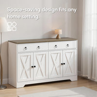 Kitchen Sideboard Cabinet with 2 Drawers, 4 Barn Doors and 2 Adjustable Shelves, Buffet Table for Living Room, White