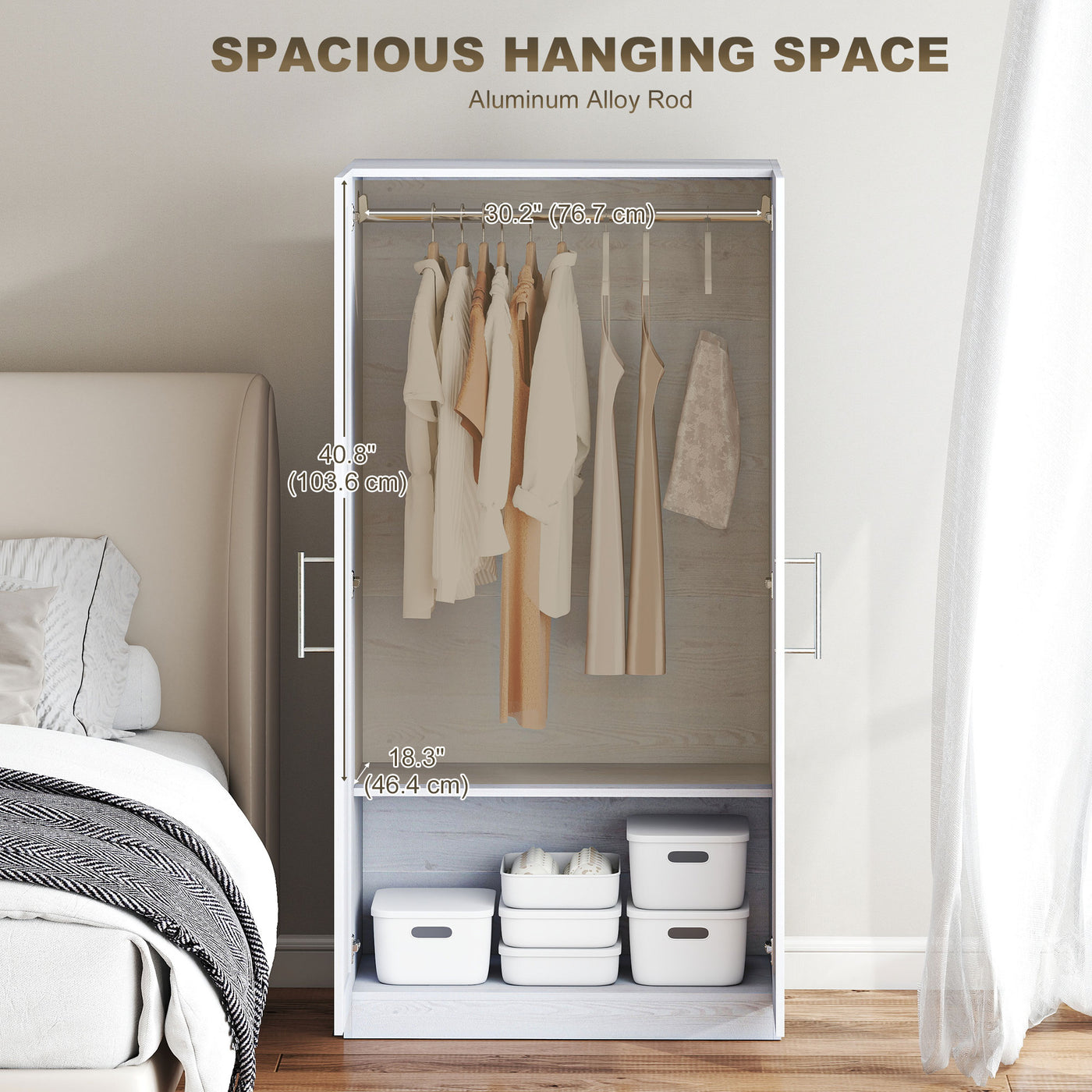 Wardrobe Cabinet with 2 Doors and Hanging Rod, Modern Armoire Wardrobe Closet for Bedroom, White Wood Effect