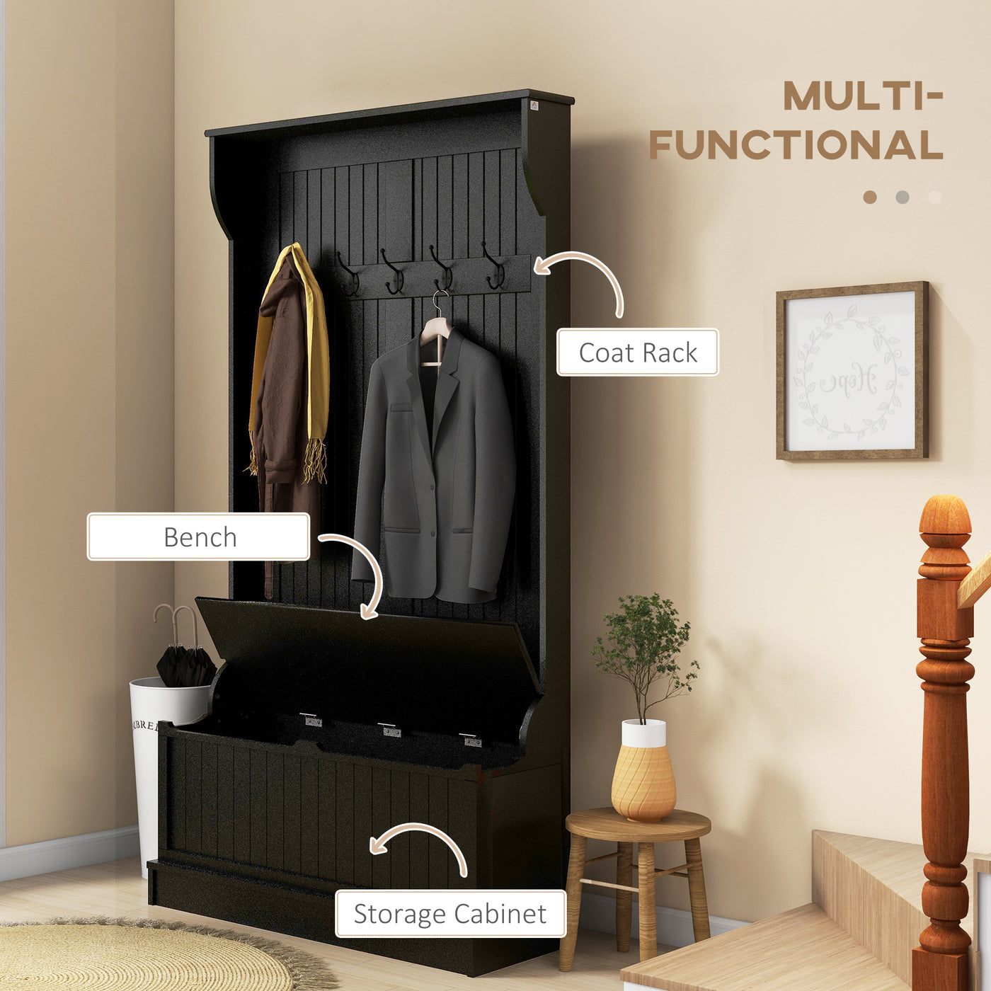 4-In-1 Hall Tree with Coat Rack, Top Shelf, Shoe Storage and Bench Seat, Entryway Bench with 5 Hooks, Black