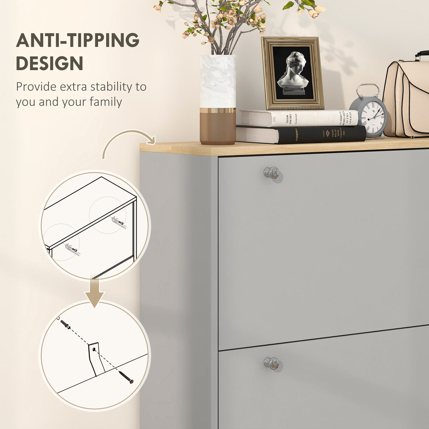 Entryway Shoe Storage Small Modern Flip-Flop Shoe Cabinet with 3 Flip Drawers Adjustable Shelves for 24 Pairs of Shoes, Grey