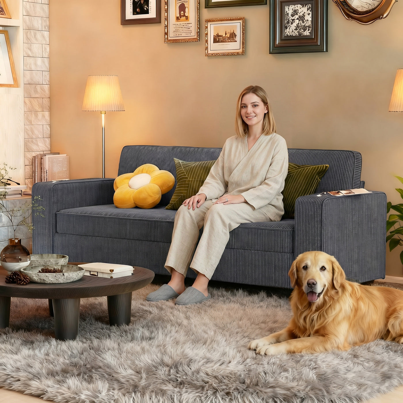 Three Seater Sofa, Fabric 3 Seater Couch with Spring Cushion and Cup Holders for Living Room, Bedroom, Dark Grey