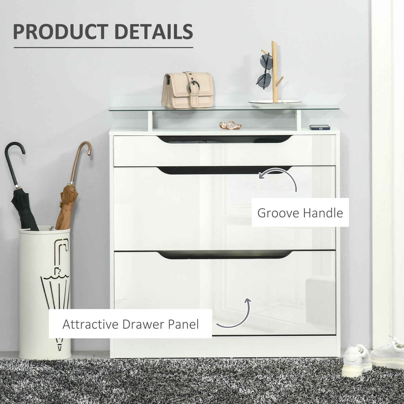 High Gloss Shoe Cabinet with 2 Flip Drawers and Adjustable Shelves, Narrow Shoe Storage Cabinet with Glass Top, White