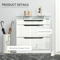 High Gloss Shoe Cabinet with 2 Flip Drawers and Adjustable Shelves, Narrow Shoe Storage Cabinet with Glass Top, White