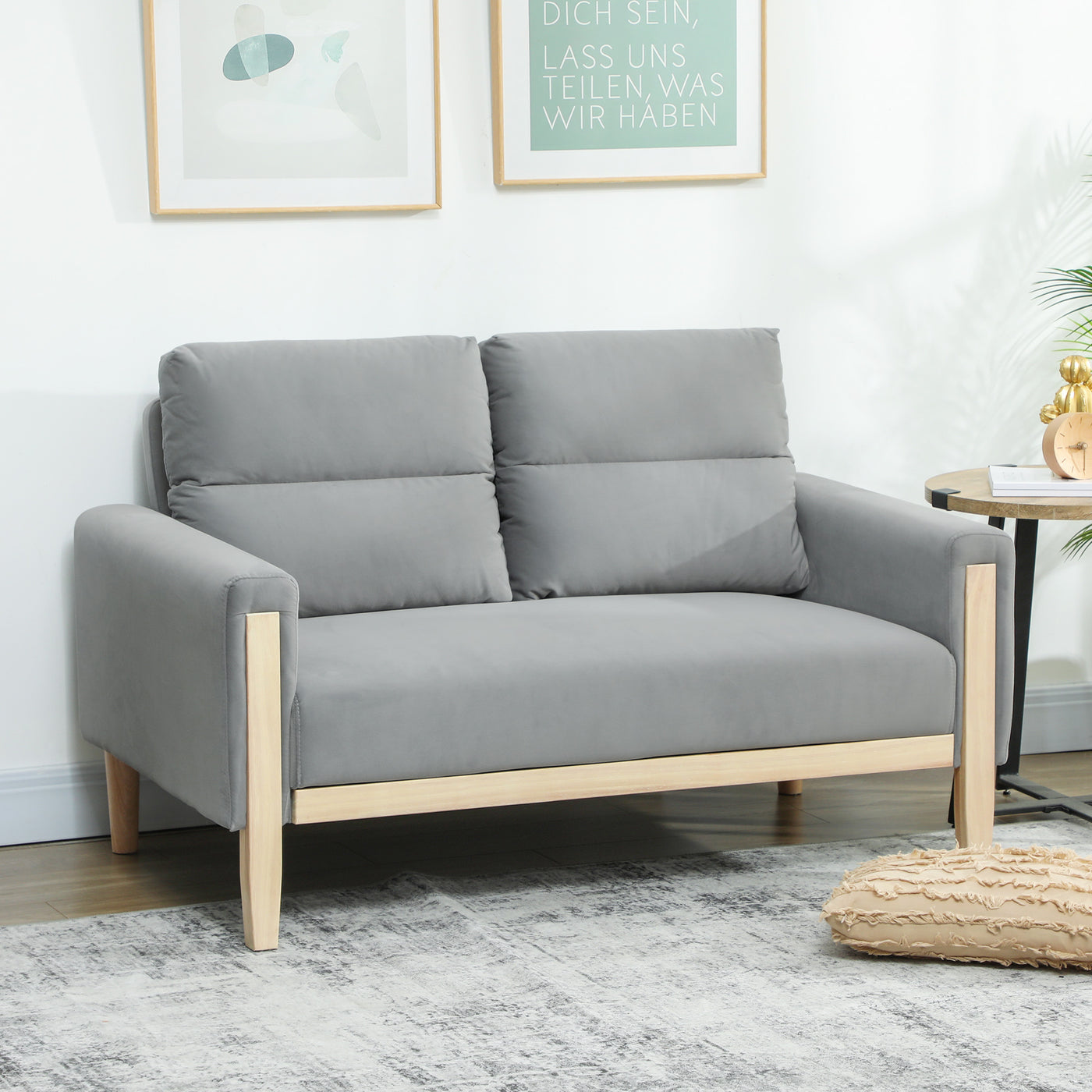 53" Loveseat Sofa, Small 2 Seater Couch with Solid Wood Legs, Modern Velvet Sofa for Living Room, Small Spaces, Grey