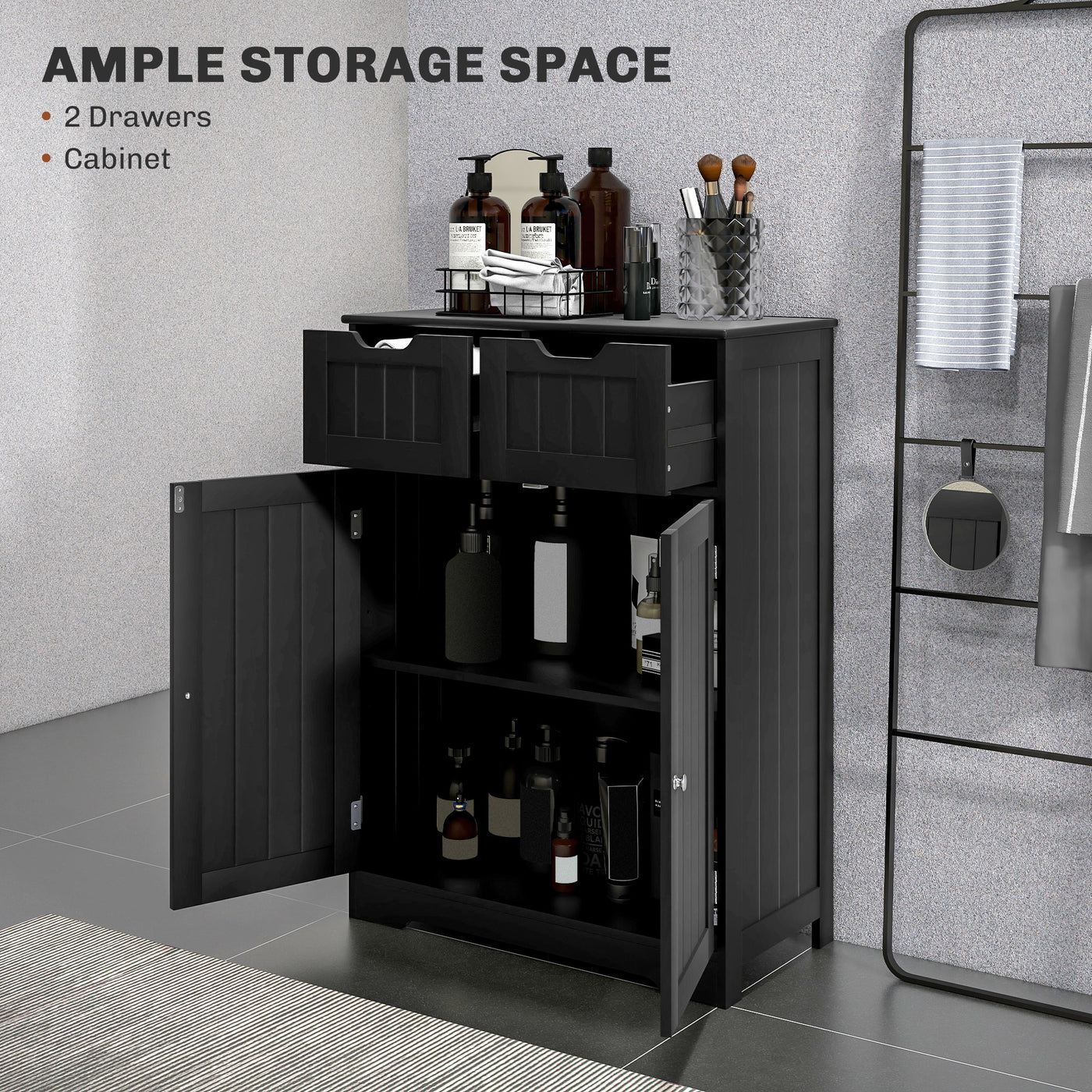 Bathroom Cabinet, Bathroom Storage Cabinet with 2 Drawers, Adjustable Shelf for Living Room, Entryway, Black