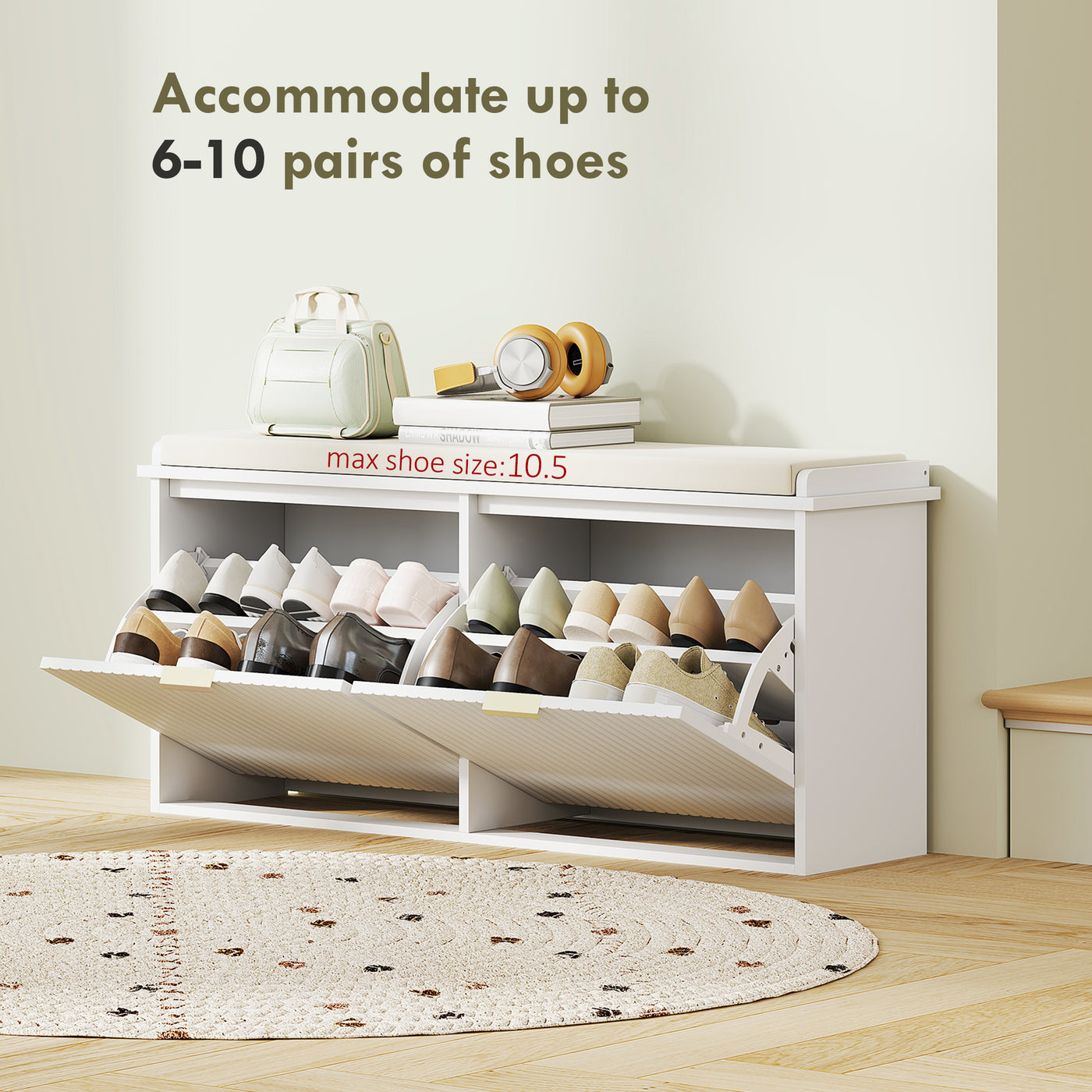 Entryway Bench with Padded Seat and Flip-Drawers, Holds up to 529lbs, Shoe Storage Bench for 10 Pairs of Shoes, White