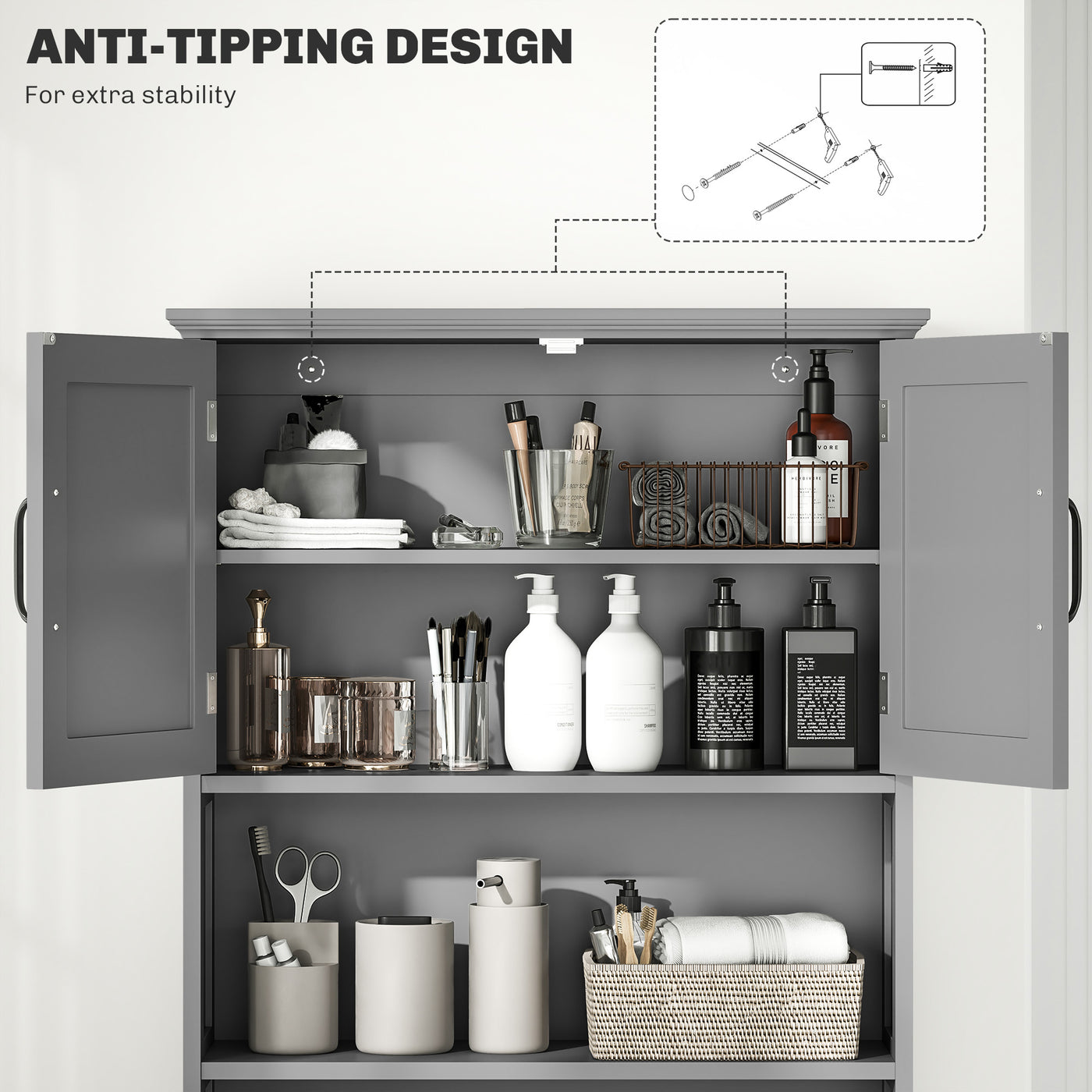 Modern Over The Toilet Storage, Bathroom Cabinets Over Toilet with Open Shelves and Double Door Cabinet, Grey