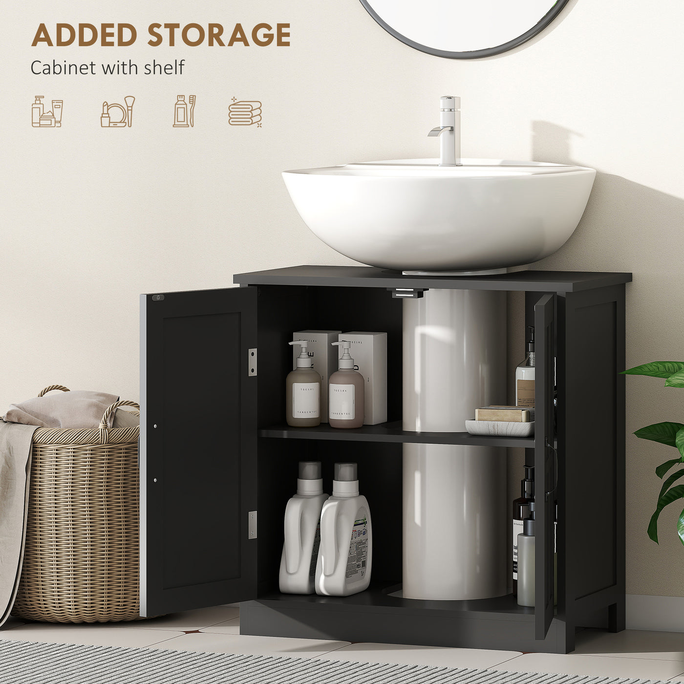edestal Under Sink Cabinet, Bathroom Vanity Cabinet Storage with Double Doors and Adjustable Shelf, Black