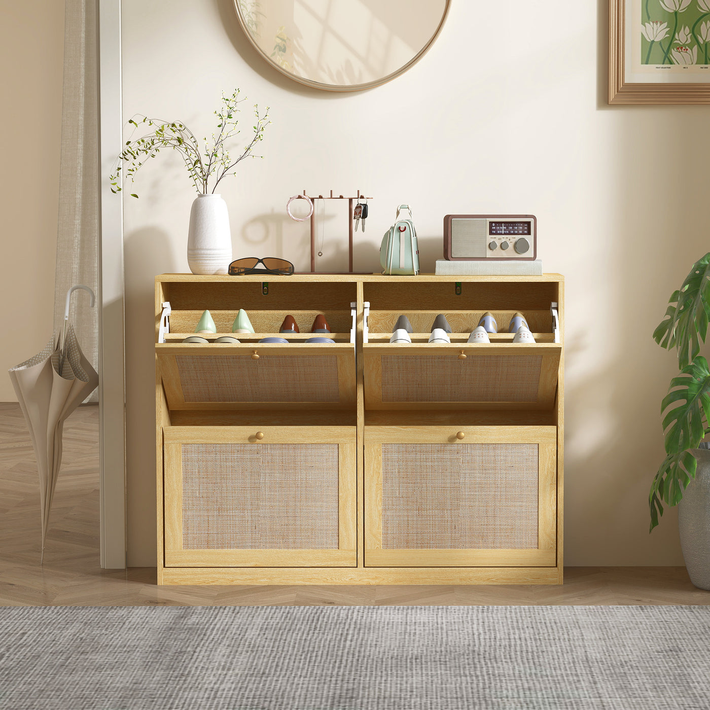 Narrow Shoe Storage Cabinet, Rattan Shoe Cabinet with 4 Flip Drawers and Adjustable Shelves for 20 Pairs, Oak