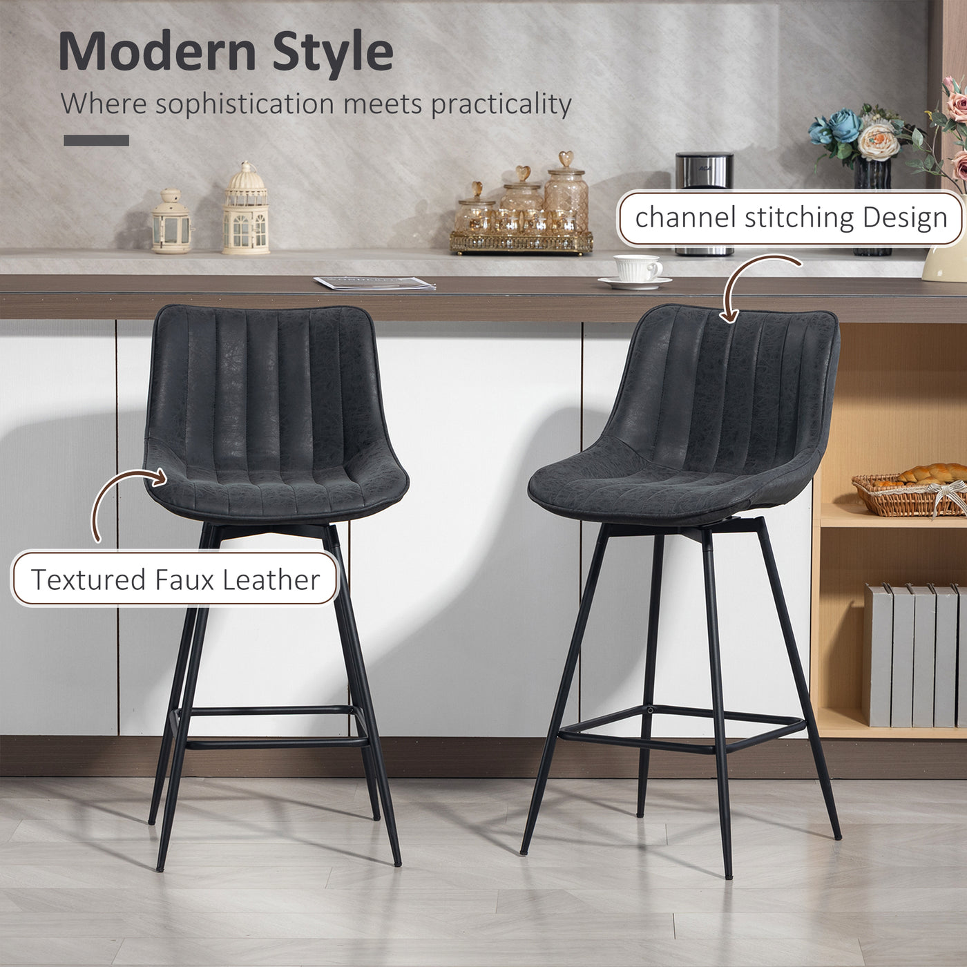 Set of 2 Counter Height Barstools, PU Leather Upholstered Bar Stools with Backrest, Footrest and Steel Legs, Black