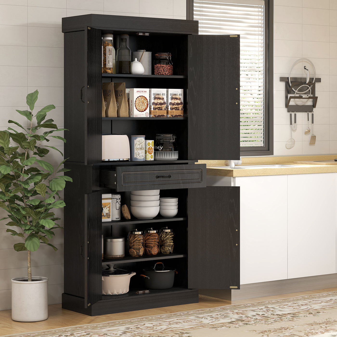71" Freestanding Kitchen Pantry with 4 Doors and 2 Cabinets, Tall Storage Cabinet for Kitchen, Distressed Black