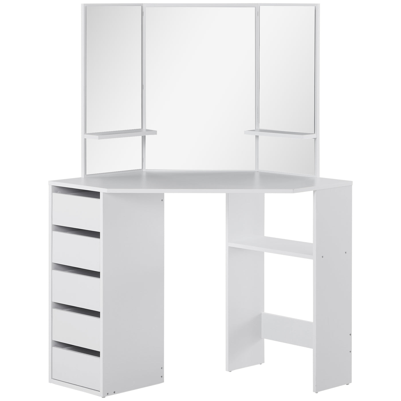 Corner Dressing Table, Makeup Desk with 3-piece Mirror and 5 Drawers, White