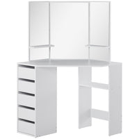 Corner Dressing Table, Makeup Desk with 3-piece Mirror and 5 Drawers, White