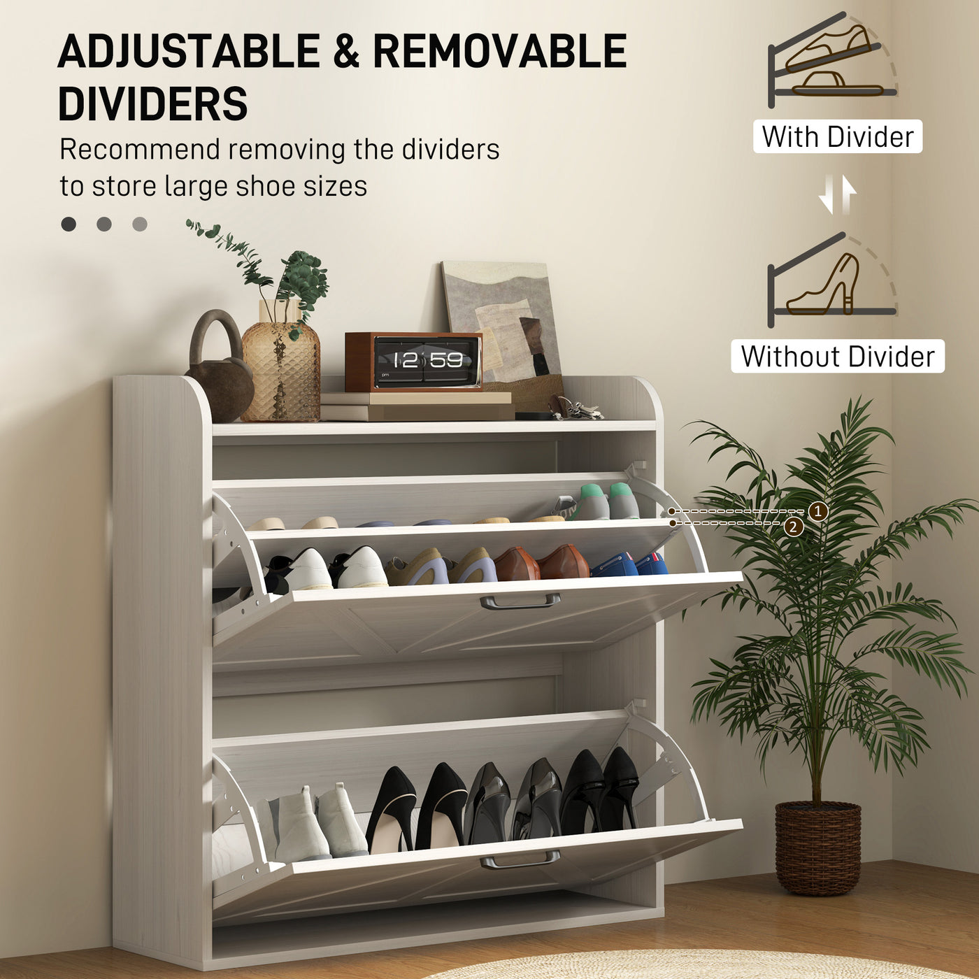 Narrow Shoe Storage Cabinet, Farmhouse Slim Shoe Cabinet with 2 Flip Drawers, Adjustable Shelves, White Oak