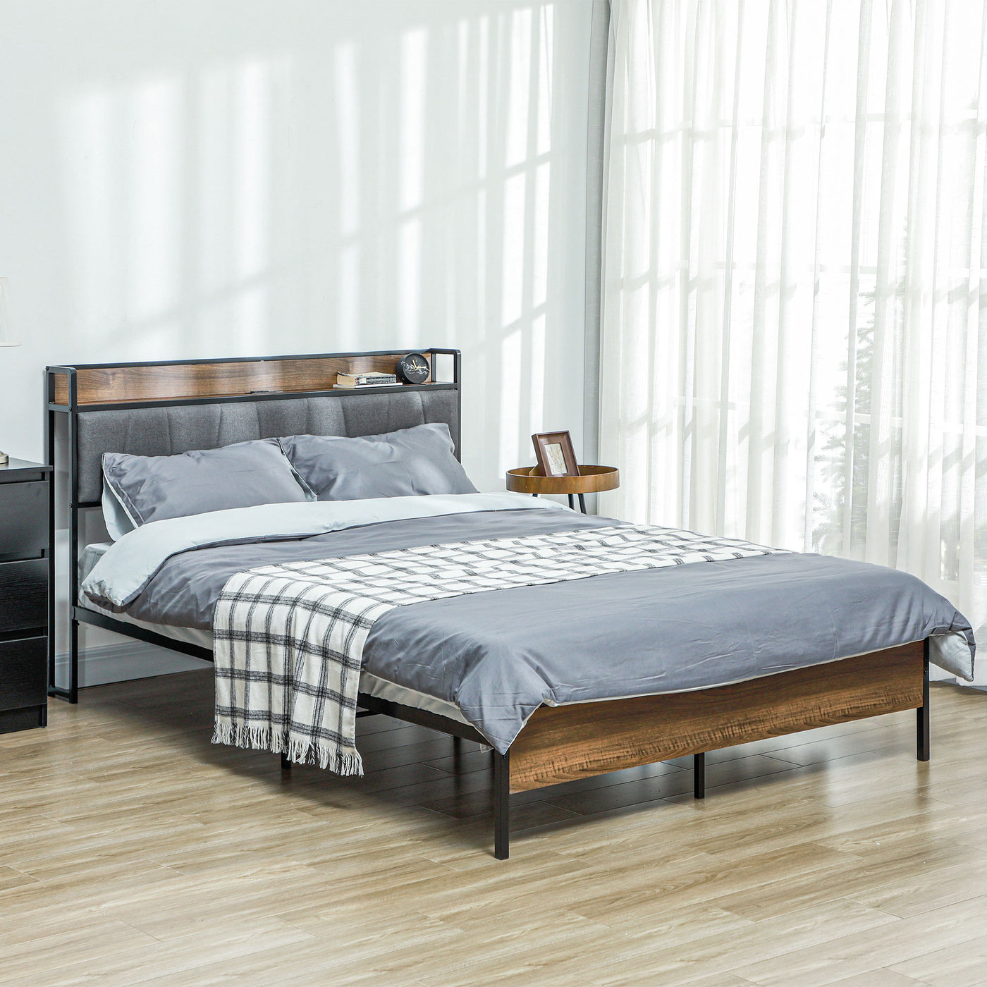 Full Size Bed Frame with Charging Station, Full Bed Frame with Upholstered Headboard and Storage Shelf, Walnut
