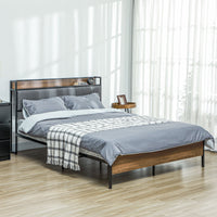Full Size Bed Frame with Charging Station, Full Bed Frame with Upholstered Headboard and Storage Shelf, Walnut