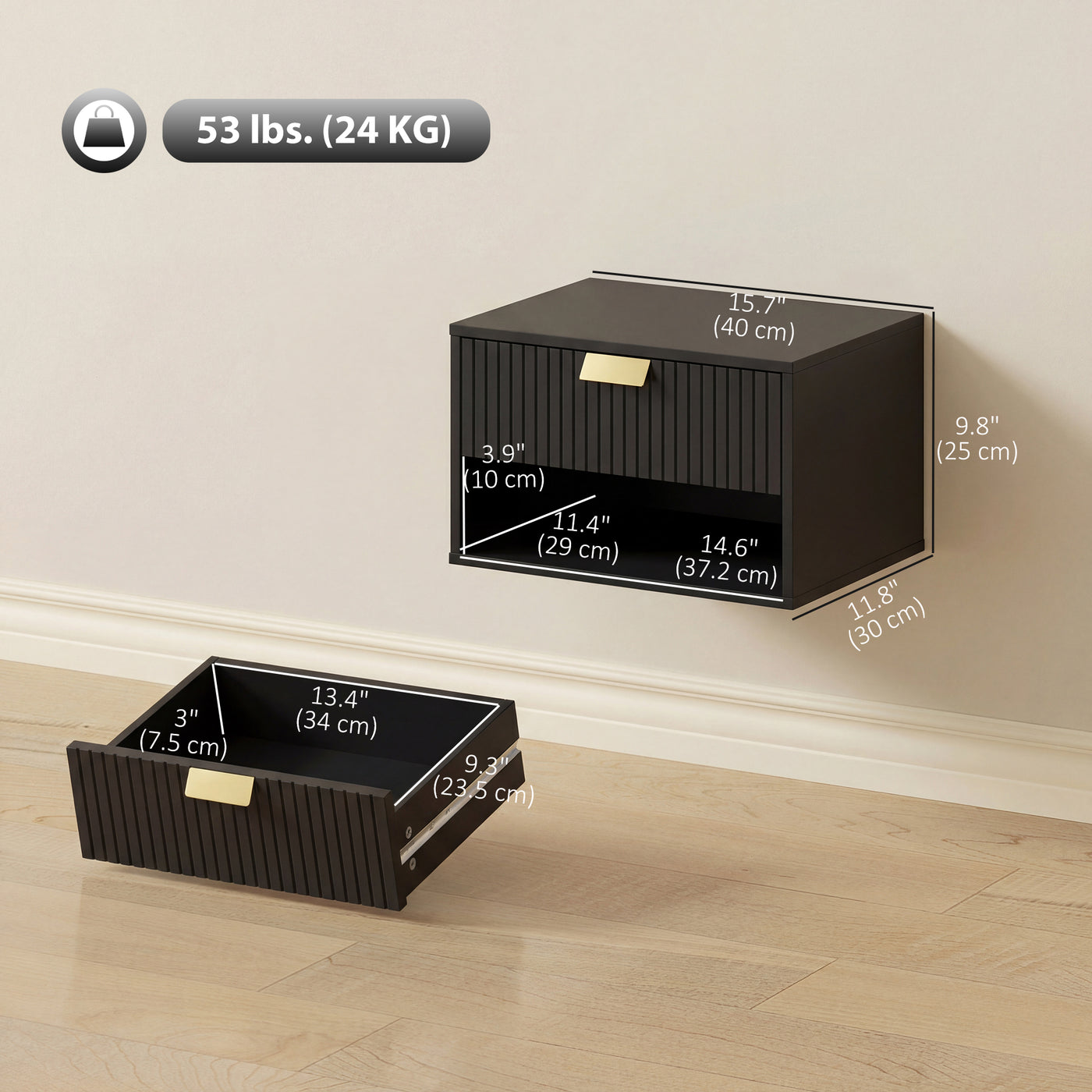 Set of 2 Wall Mounted Bedside Tables, Floating Nightstands with Fluted Drawer and Open Shelf for Bedroom, Black
