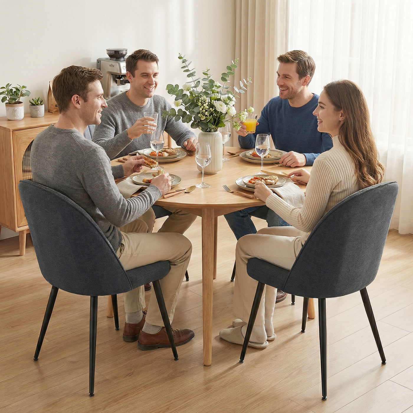 Set of 4 Modern Dining Chairs, Velvet Upholstered Kitchen Chairs with Steel Legs for Living Room, Dark Grey