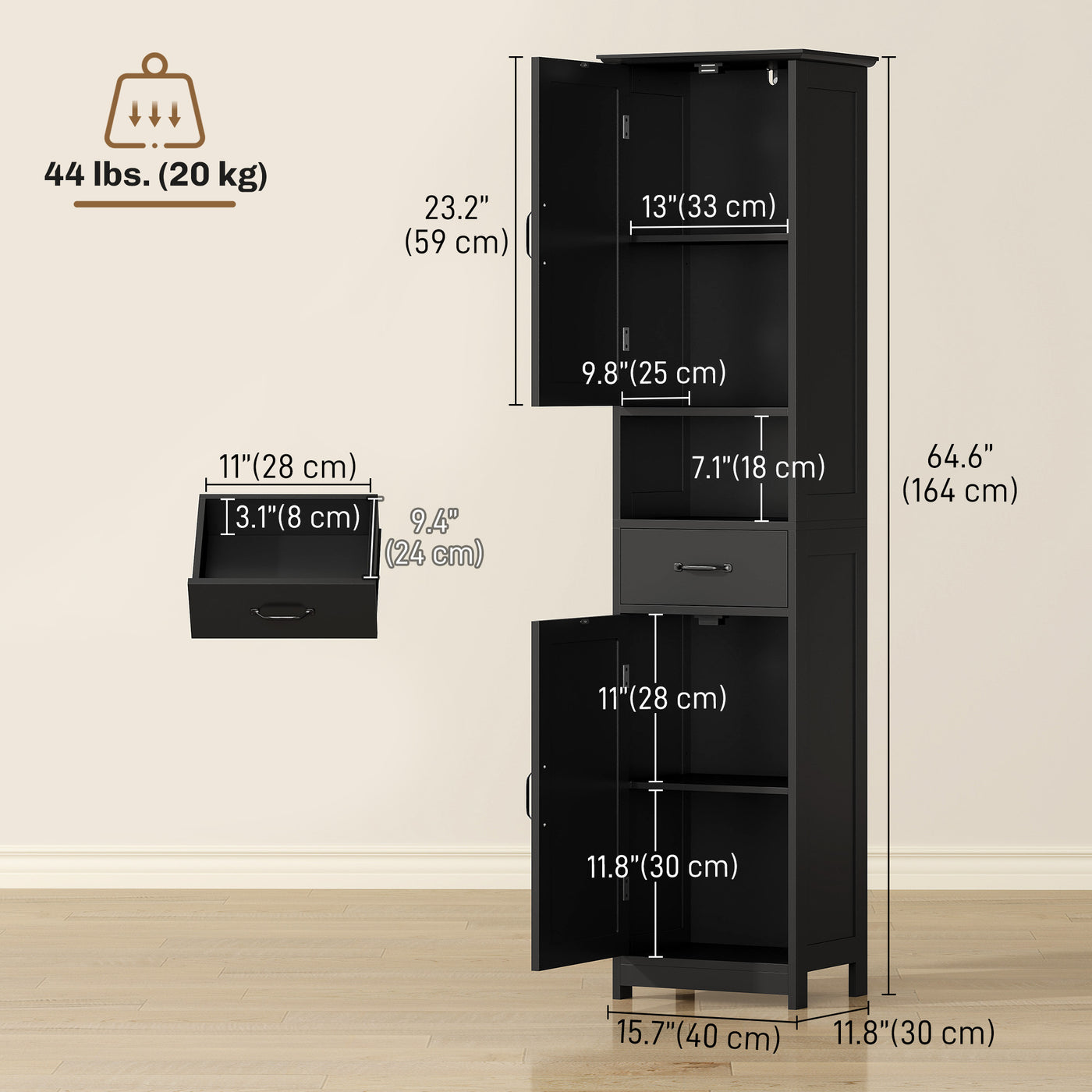Modern Bathroom Cabinet, Narrow Bathroom Vanities with Open Shelf Drawer Recessed Doors and Adjustable Shelves Black