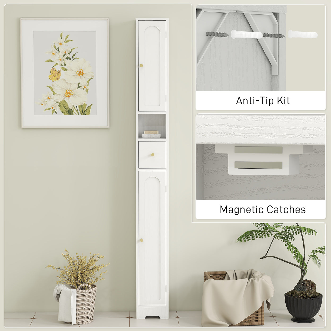 Tall Bathroom Cabinet, Modern Slim Bathroom Storage with Arched Doors, Drawer and Open Shelf, Narrow Storage, White