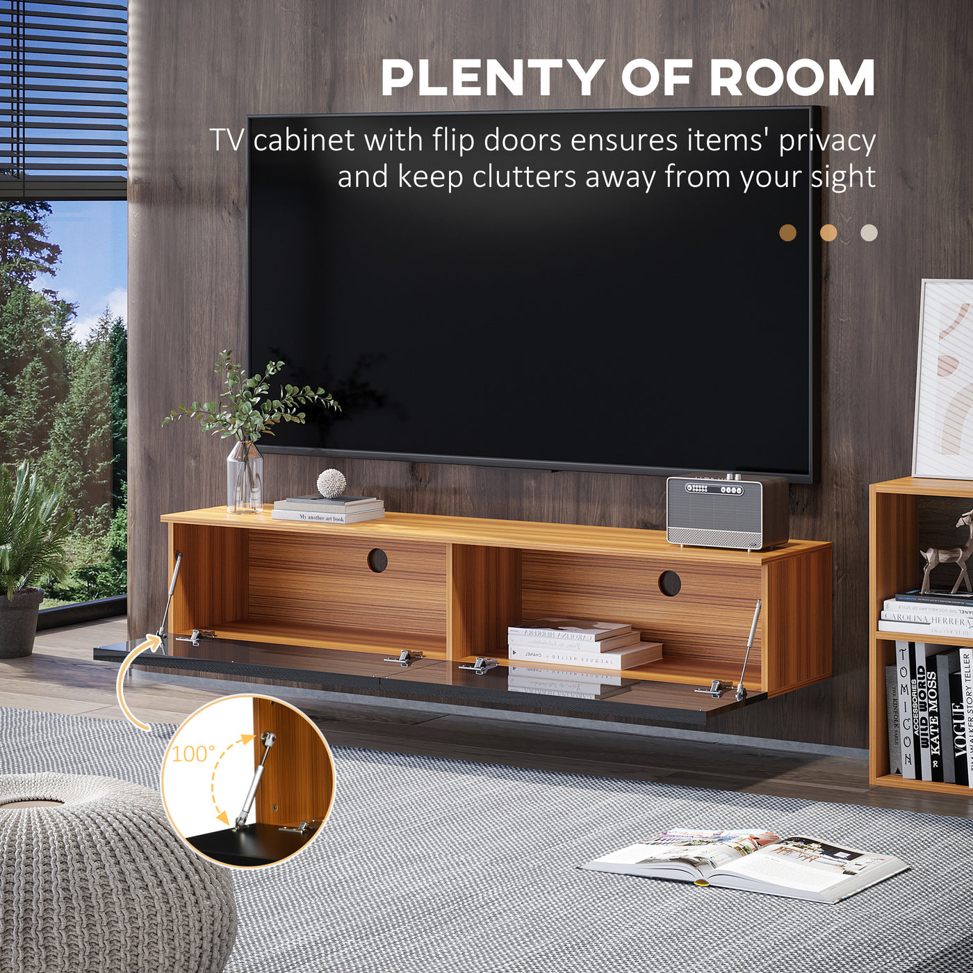 Wall Mounted TV Stand, Floating TV Cabinet with Storage, for TVs up to 70", High Gloss Effect, Brown and Black