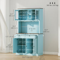 71" Pantry Cabinet with Microwave Space, Buffet with Hutch, 2 Drawers, Adjustable Shelves and Glass Doors, Blue
