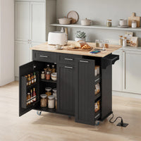 Kitchen Island on Wheels with Wood Drop Leaf, Charging Station, Rolling Kitchen Cart with Adjustable Shelf, Black