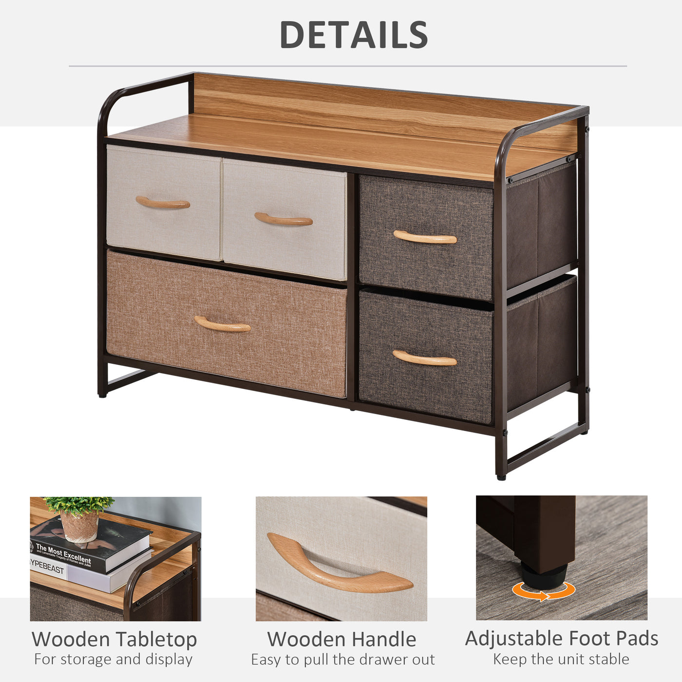 5-Bin Dresser Storage Tower Cabinet Organizer Unit, Easy Pull Fabric Bins with Metal Frame for Bedroom