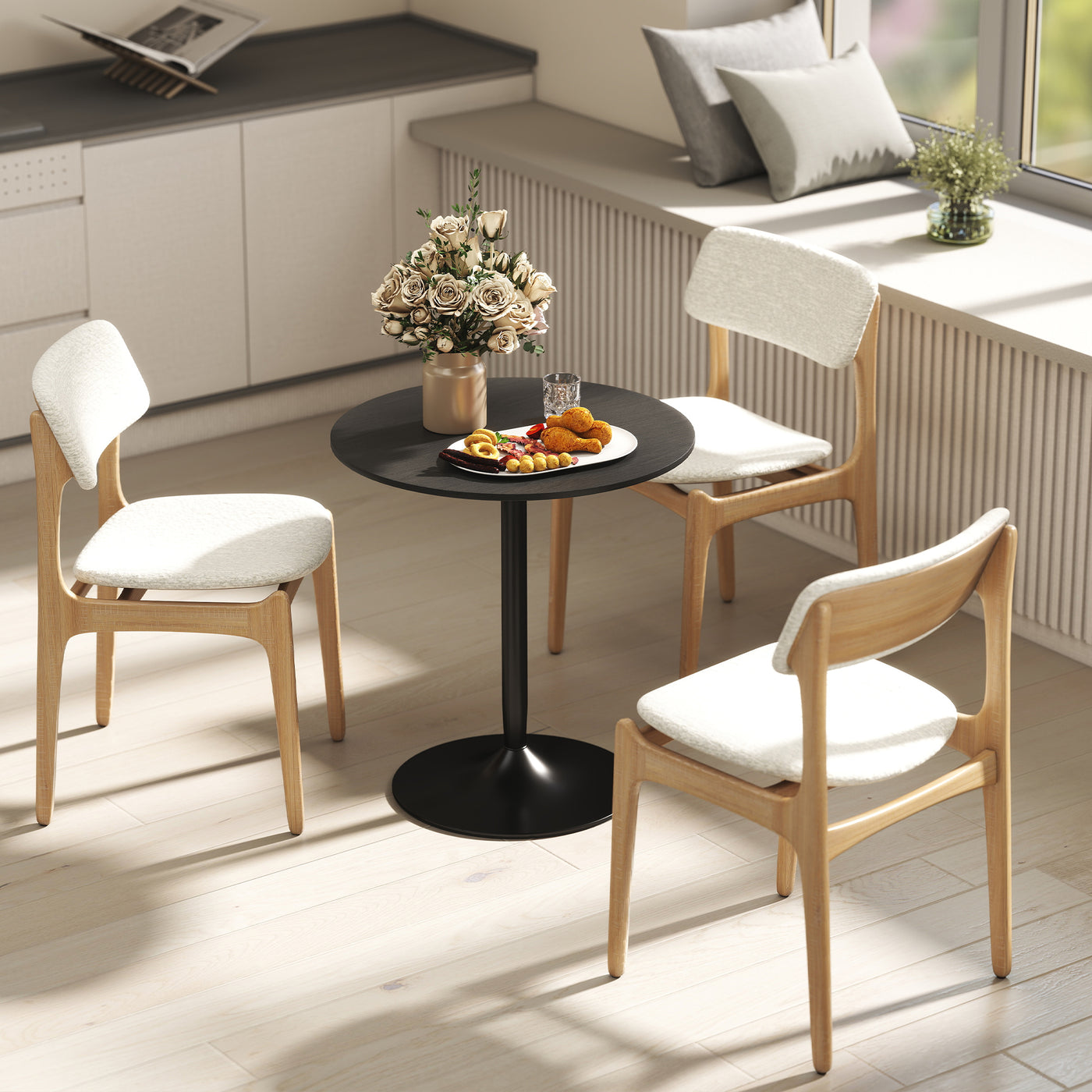 27.6" Round Kitchen Table for 2, Modern Small Dining Table with Wood Veneer, Steel Base for Dining Room, Black