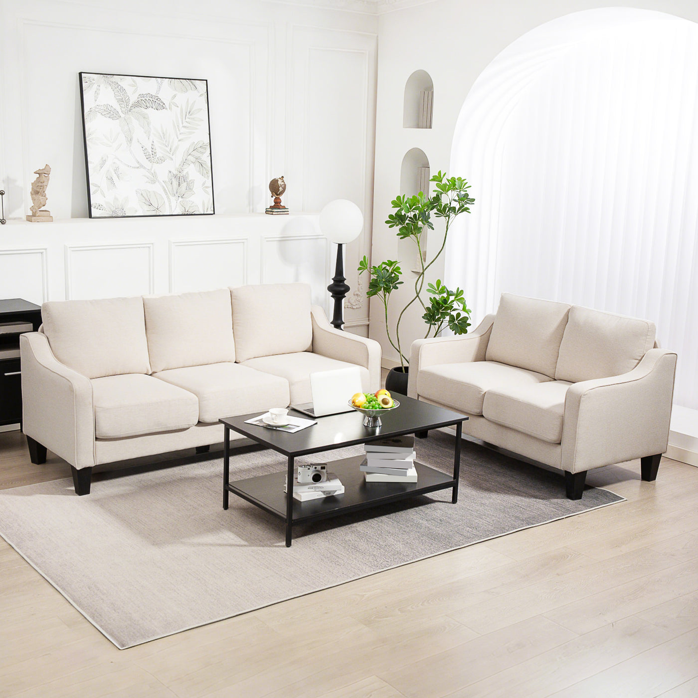 3 Seater Sofa, Modern Couch with Pocket Spring, Linen Upholstered, Thick Padded, Beige