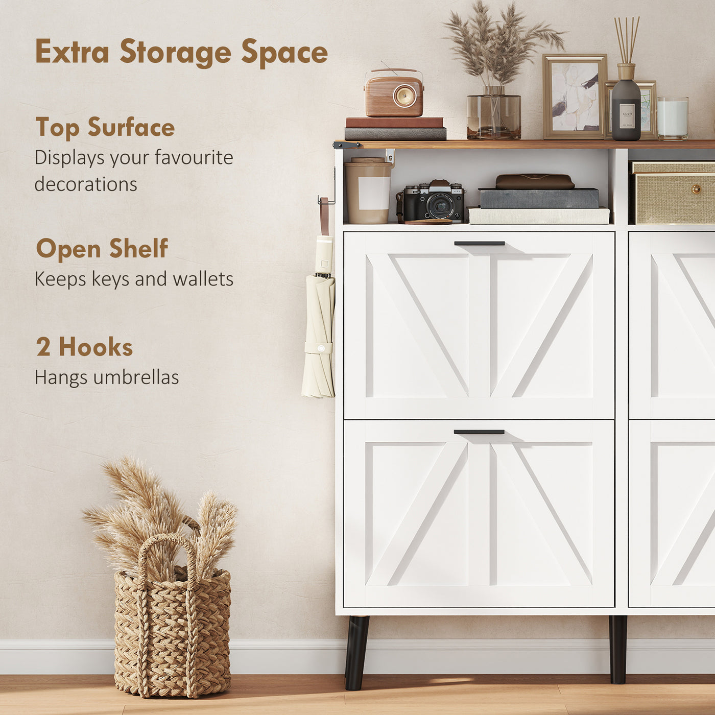 Shoe Storage Cabinet with 4 Flip Drawers, Farmhouse Narrow Shoe Cabinet, Holds Up to 24 Pairs, White