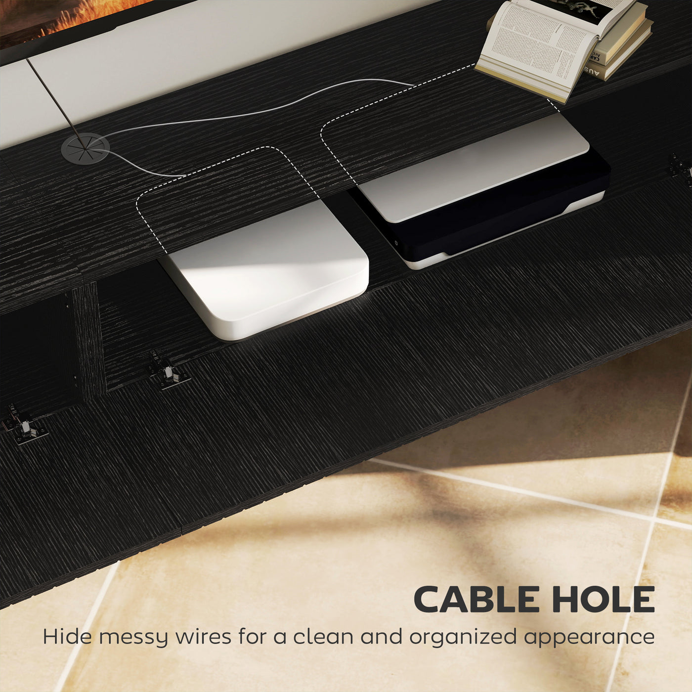 71" Floating TV Stand for TVs up to 72 Inch, Wall Mount Media Console with 2 Fluted Flip-Down Doors, Cable Hole, Black