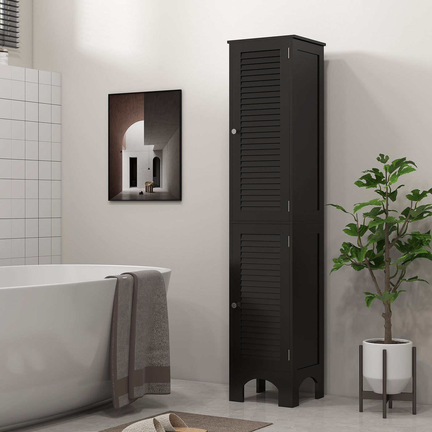 Narrow Bathroom Cabinet, Tall Bathroom Storage Cabinet with Shelves and Doors, Black
