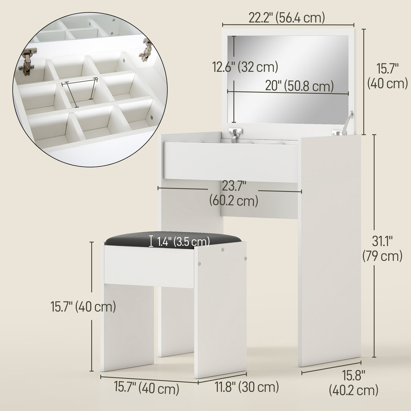 Modern Vanity Set with Makeup Table and Cushioned Stool, Dressing Table with Flip Top and Mirror for Bedroom, White