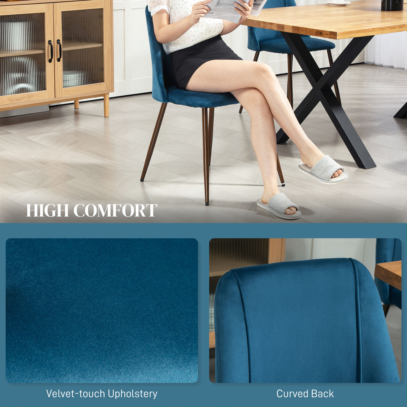 Upholstered Dining Chairs Set of 4, Velvet Accent Chair with Back and Wood-grain Steel Leg for Kitchen, Dark Blue