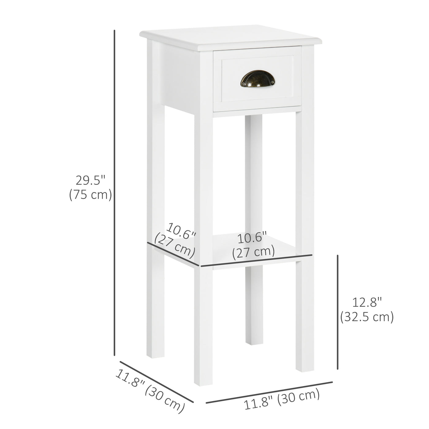2 Tier Side Table, Set of 2, Narrow Tall End Table with Drawer and Shelf, Slim Wooden Nightstand for Living Room, Bedroom, Hallway, White