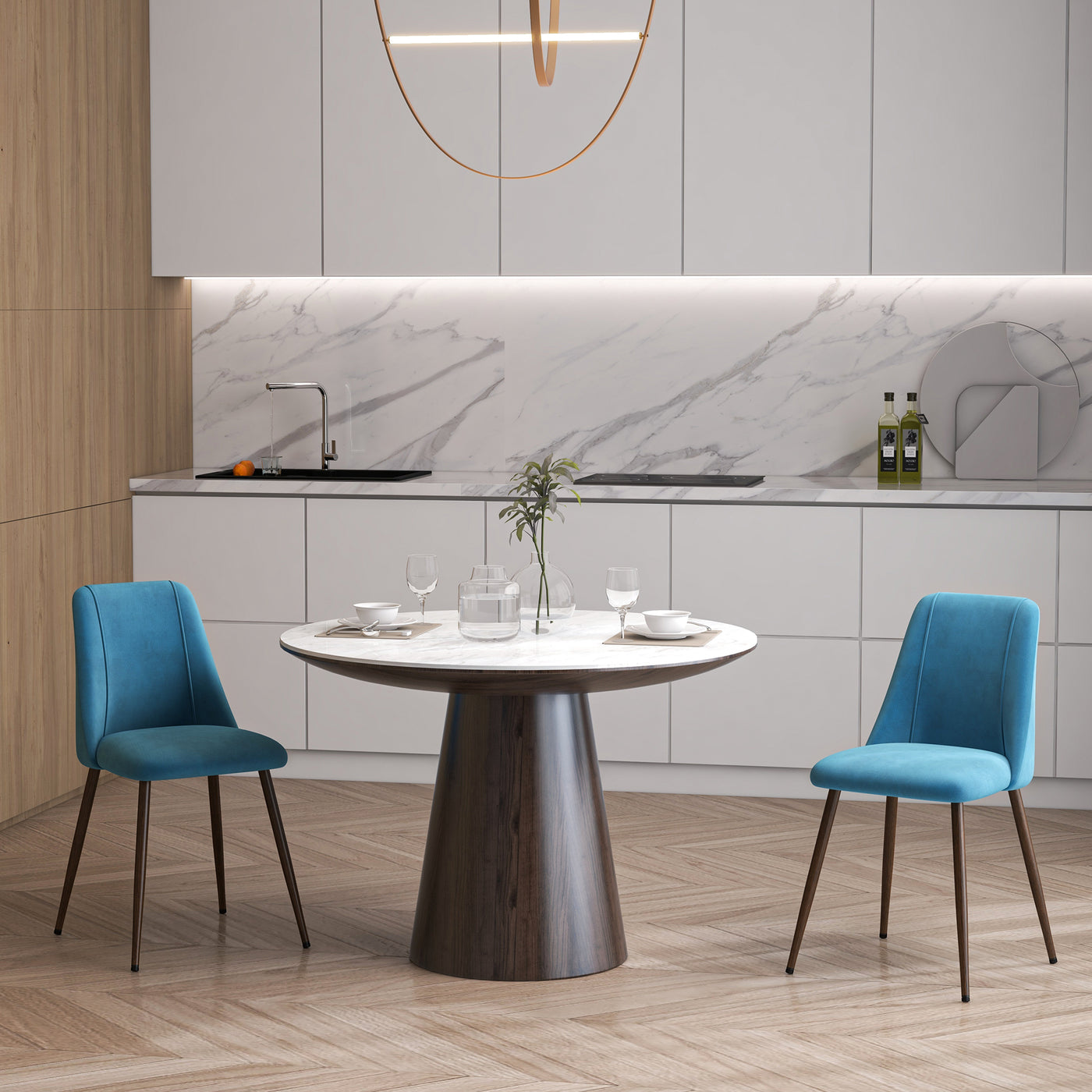 Upholstered Dining Chairs Set of 4, Velvet Accent Chair with Back and Wood-grain Steel Leg for Kitchen, Blue