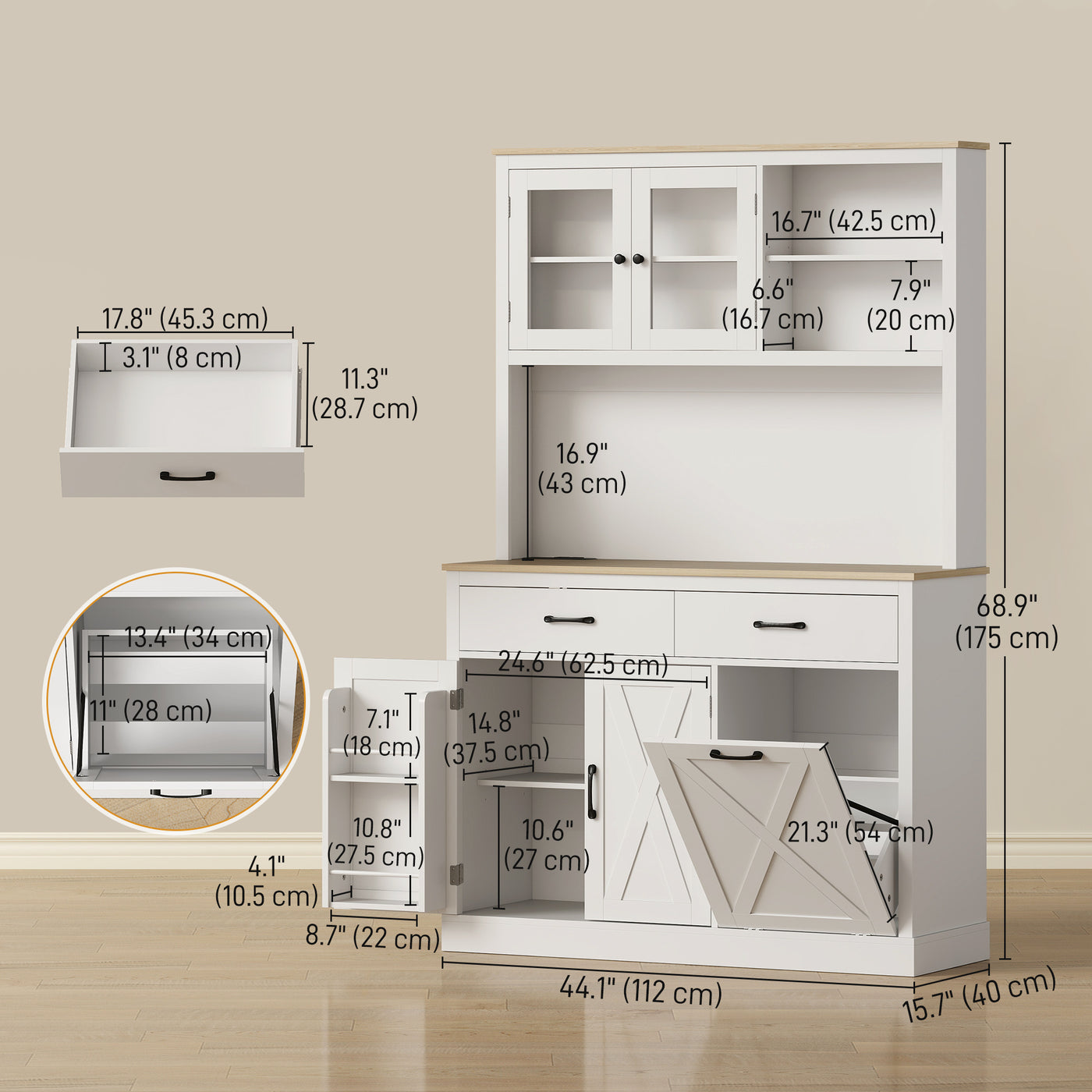 69" Kitchen Pantry Cabinet with Charging Station Kitchen Cabinet with Microwave Stand 7 Gallon Trash Can Cabinet White