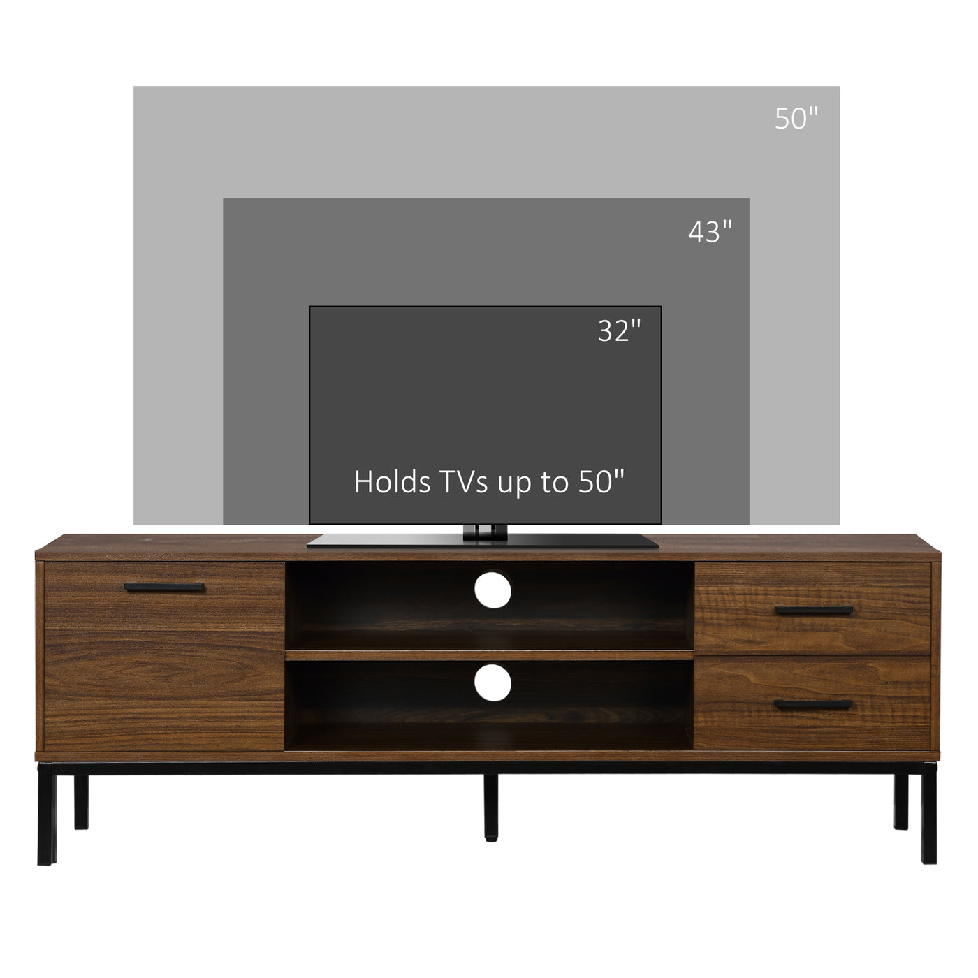 TV Stand for TV up to 50 Inches, TV Cabinet with Door, Open Storage and Drawers, TV Table with Steel Legs, Dark Walunt