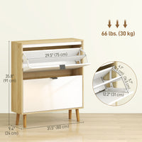 Narrow Shoe Cabinet, High Gloss Shoe Storage Cabinet with 2 Flip Drawers and Adjustable Shelves, Holds 16 Pairs, White