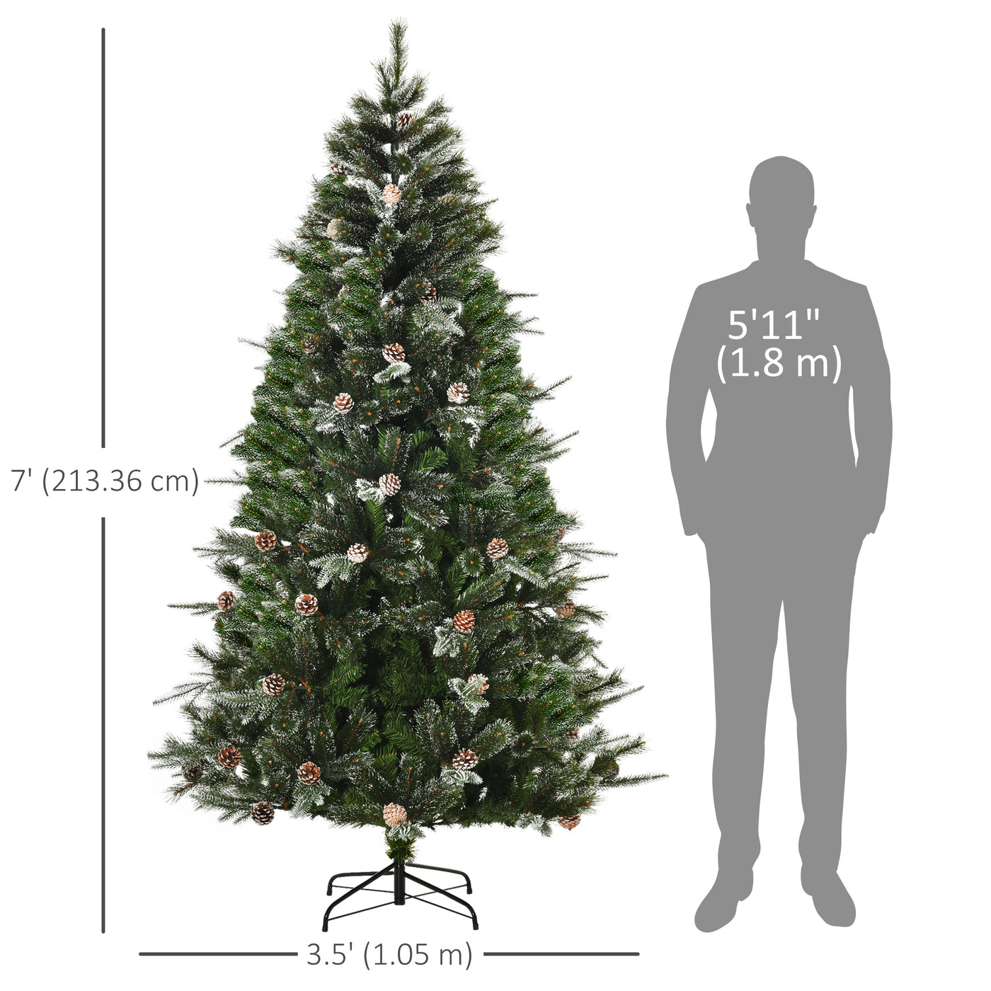 HOMCM 7FT Artificial Christmas Snow Pine Tree Holiday Home Xmas Decoration with Automatic Open, Pinecone, Green