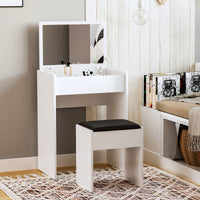 Modern Vanity Set with Makeup Table and Cushioned Stool, Dressing Table with Flip Top and Mirror for Bedroom, White