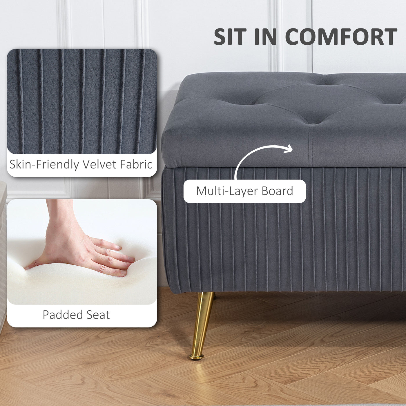Storage Ottoman Bench, 43 Inch Large Storage Chest with Steel Legs and Padded Seat, Foot Rest, Load 485 lbs, Dark Grey