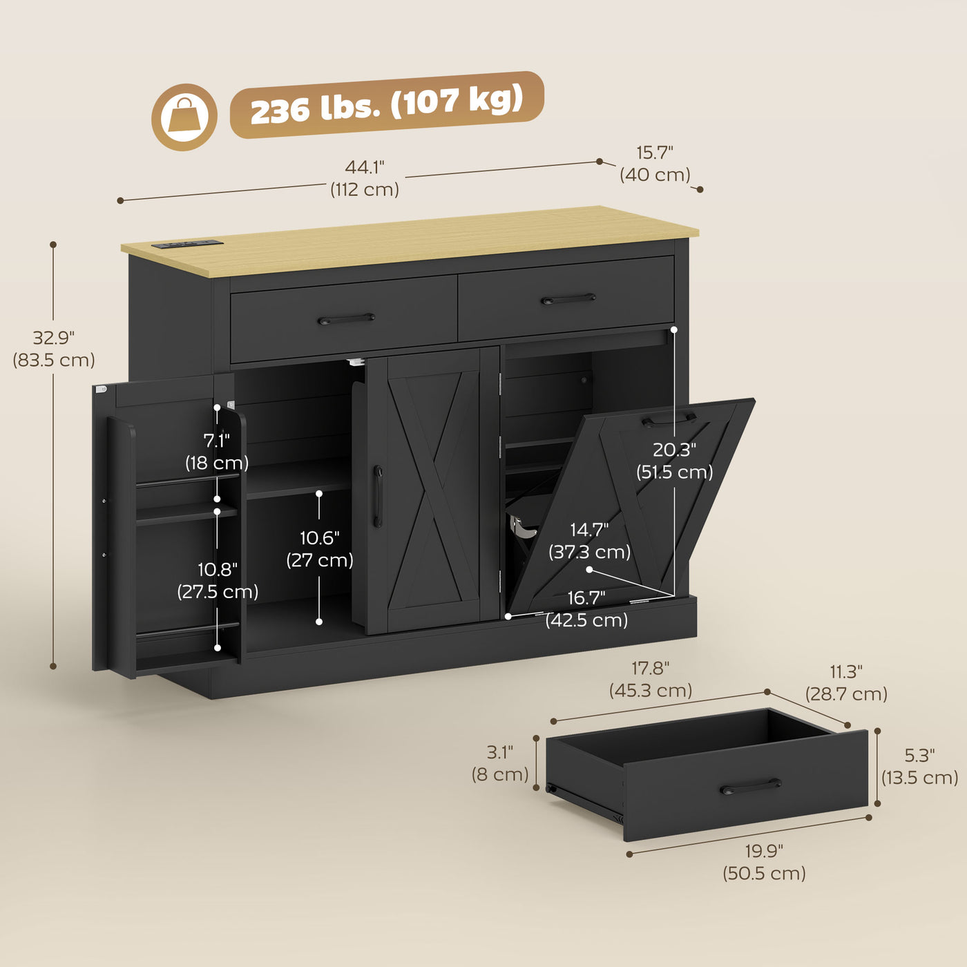 7 Gallon Tilt Out Garbage Cabinet, Kitchen Island with Charging Station, 2 Drawers, 4 Door Racks, Black