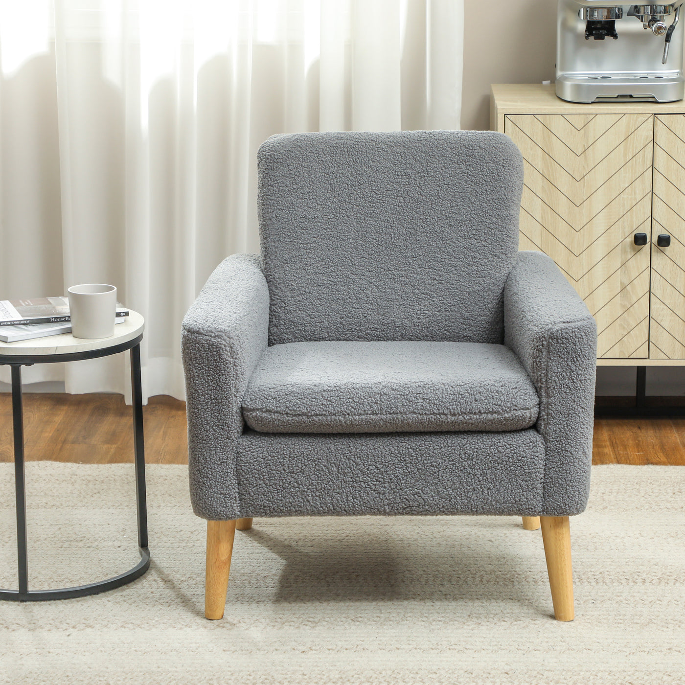 Fabric Accent Chair, Modern Upholstered Armchair with Wood Legs and Wide Padded Seat, Grey